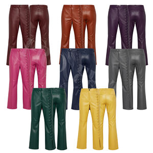 Pantalon évasé en similicuir tendance, taille haute, bleu, détail bouton latéral, coupe bootcut, léger, extensible, en similicuir - Product Image 1