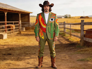 Conjunto de Traje Bordado Floral Occidental Negro para Hombre, Blazer de Vaquero Cruzado y Pantalones - Product Image 2