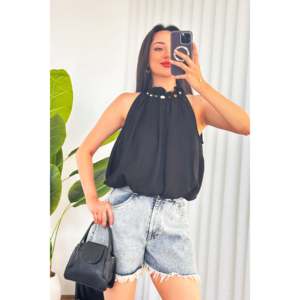 Blouses noires en gros avec col perlé et design ballon - Jaune - Product Image 2