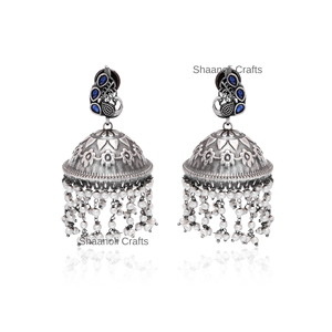 Candelabro oxidado de plata tradicional, pendientes Jhumka, diseño único de pavo real para mujer, joyería chapada en plata Vintage - Product Image 1