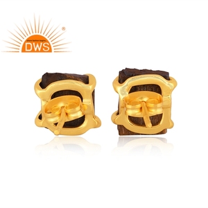 Último diseño 18K chapado en oro amarillo natural Ojo de Tigre piedra preciosa Stud pendiente Demi joyería fina fabricante - Product Image 5