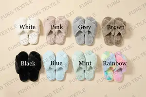 Fung Stock Ready To Ship Woman Cross Strap TPR Sole Fluffy Fuzzy Indoor Plush Faux Fur Slippers
