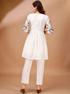 Trendmalls Women's Casual Cotton Blend V-neck Kurta Pant Set (C15-Offwhite) Daily Wear Quick Dry Knee Three Quarter One Set - Product Image 5