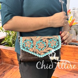 กระเป๋าสตางค์พาดลำตัวหนังด้วยมือคุณภาพสูงสำหรับผู้หญิงกระเป๋าสตางค์หนังวัวสีเทอร์ควอยซ์แบบตะวันตก - Product Image 1
