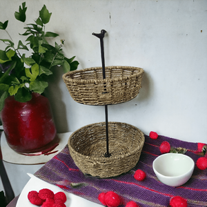 Cesta de fruta personalizable de 2 niveles, cuerda de Yute natural y metal tejido a mano por artesanos indios, almacenamiento de ratán con estilo floral - Product Image 6