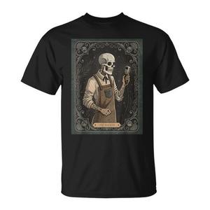 T-Shirt Gotica di Halloween con Scheletro e Barbiere, Carta dei Tarocchi per Uomo, Abbigliamento Promozionale - Product Image 1