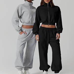 Conjunto Deportivo de Dos Piezas de Felpa de Punto Lavado Informal de Invierno Personalizado para Mujer, Ropa Urbana, Top Corto y Sudadera con Cremallera - Product Image 5