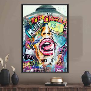 Impression sur toile d'art graffiti : veste en jean, crème glacée, décoration murale moderne, toile encadrée noire - Product Image 1