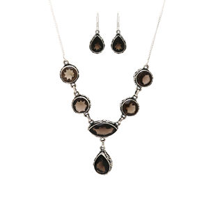 Smoky Quartz Six Stone Necklace <b>Earrings</b> <b>Sets</b> for Women Fashion Designer Artisan Inspired Wholesale Indian Gemstone Jewelry - Product Image 1