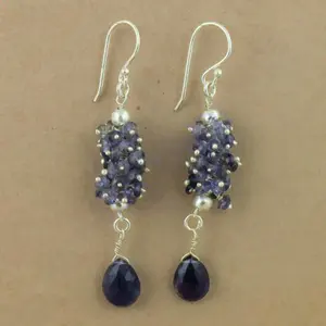 Pendientes de Plata de Ley 925 Chapados en Oro Vintage para Mujer con Gemas de Iolita, Diamantes y Circonitas para Bodas y Fiestas - Product Image 2