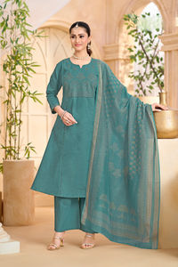 Salwar Kameez de Algodón Dhabu con Bordado a Mano, Bolsillo Superior, Estampado Jacquard Plazzo y Dupatta para Fiesta Diwali, para Mujer, Todas las Temporadas - Product Image 3