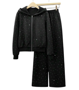 Women Winter Breathable 2-Piece Rhinestone Tracksuit Set Drawstring Hoodie and <b>Wide</b> <b>Leg</b> <b>Pants</b> Casual <b>Lounge</b> Outfit - Product Image 2