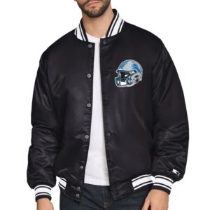 Veste de baseball universitaire personnalisée pour homme, style Letterman, noire, avec imprimé graphique triangulaire des Detroit Lions, en satin, entièrement boutonnée - Product Image 4