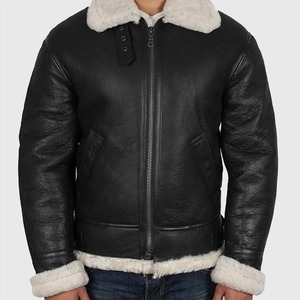Chaqueta de Cuero con Capucha de Piel de Oveja Negra, Estilo Bomber, para Hombre, Invierno, Estilo B-3, Cierre de Cremallera, Bolsillo en el Brazo, Informal - Product Image 1