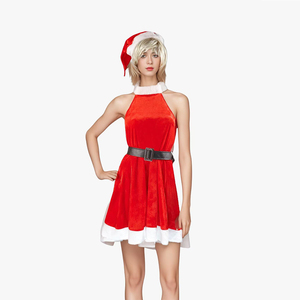 Robe de Noël pour femme en velours rouge de qualité supérieure, fabriquée en usine, avec ceinture et chapeau pour la fête de Noël - Product Image 1