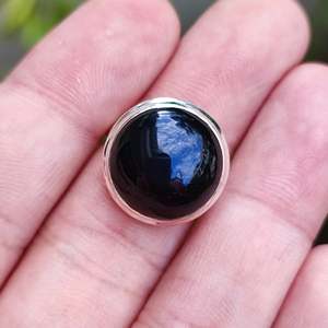 925 Sterling Silver Women's <b>Statement</b> <b>Ring</b> Handmade Black Onyx Round Gemstone with Rhodium Plating Black Onyx Silver <b>Ring</b> - Product Image 4
