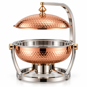 Plat à réchaud rond de luxe en acier inoxydable martelé, durable et écologique, avec couvercle suspendu, pour buffet et maintien au chaud des aliments - Product Image 1