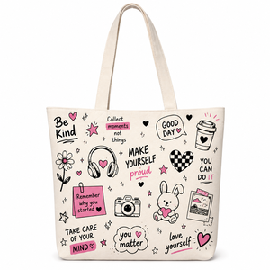 Bolsa de tela de algodón con estampado lindo y citas positivas y dibujos para regalos promocionales, estilo lona, para compras. - Product Image 2