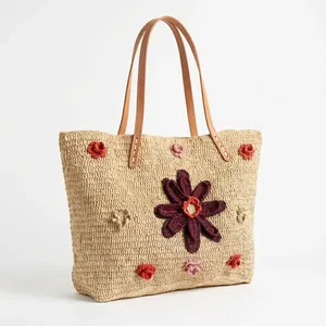 Sac fourre-tout bohème en raphia tissé à la main avec broderie florale, fermeture ouverte, doublure en coton, résistant à l'eau, sac à bandoulière pour femme - Product Image 4
