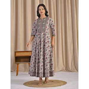 Robe Anarkali ethnique gris-vert en coton imprimé à la main, style Salwar Sari indien pour occasions spéciales, modèle Fancy - Product Image 4