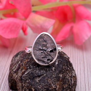 Christmas Gift Natural 925 Silver Black Rutile Quartz 18x12mm Uneven Oval Gemstone <b>Ring</b> 4.12 gm Sterling Silver Girl <b>Finger</b> <b>Ring</b> - Product Image 3