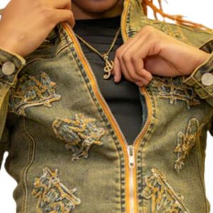 Veste en jean délavée pour femmes, fermeture éclair sur le devant, coupe ajustée, style vintage, décontractée, streetwear - Product Image 3