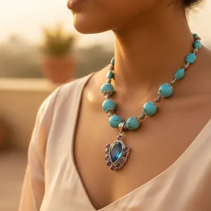 Collier Pendentif Perle Turquoise Art Palace pour Femme, Style Bohème, Plaqué Argent 925, Goutte d'Eau Solitaire, Bijou Quotidien - Product Image 3