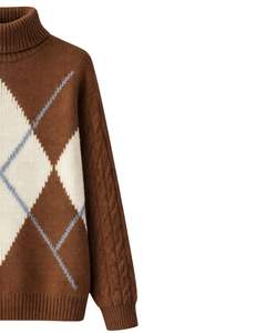 Customized Premium Men Turtleneck Argyle Knit Sweater Soft Warm <b>Cable</b> Sleeve Winter Pullover Casual Fashion Top Brown Blue Color - Product Image 4