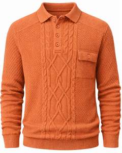 Suéter Polo de Punto Trenzado de Lana para Hombre, Color Naranja Óxido, Grueso, para Invierno, Cierre de Botones, Manga Larga, Informal - Product Image 1