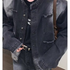 เสื้อแจ็คเก็ตยีนส์ทรงหลวมแขนยาวสไตล์ดิสเทรสสำหรับผู้ชาย แฟชั่นติดกระดุมทันสมัย เสื้อคลุมดีไซน์สตรีทแวร์ สีพื้น - Product Image 6