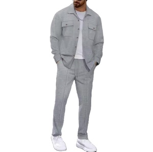 Conjunto de dos piezas para hombre, estilo europeo y americano, otoño, pantalones de manga larga, cárdigan y camisa lisos. - Product Image 2