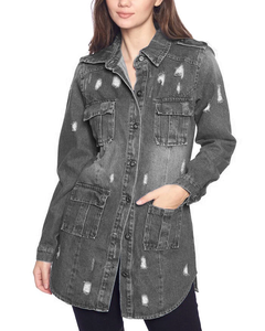 "Veste longue en jean pour femme | Manteau en jean déchiré à la mode avec poche Casual Oversized Denim OuterwearStylish Button Up Jean Jacket" - Product Image 4