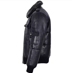 Personalizar los hombres de cuero Puffer chaqueta bomber chaqueta de cuero estilo en piel de oveja real Negro puffer chaqueta de cuero - Product Image 5
