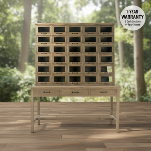 Weathered Oak Solid Wood Rectangular Credenza <b>Desk</b> with 30 Drawers 3 <b>Desk</b> Sections 1-Year Warranty - Product Image 3