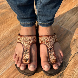 Sandalias de Punta abierta marrón para mujer, chanclas informales de cuero con estilo occidental, auténticas, hechas a mano, calzado de flores planas - Product Image 1