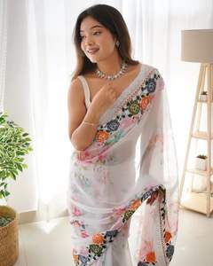 Indian Boutique Stylish Fancy Digital Print <b>White</b> Georgette Saree Exclusive Elegant Sari Blouse Ethnic Latest Trendy Blouse - Product Image 2