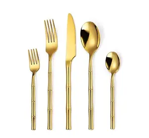 Grosir Set sendok garpu baja tahan karat logam dengan desain bambu Set sendok garpu untuk meja pesta aksesoris penggunaan sendok garpu