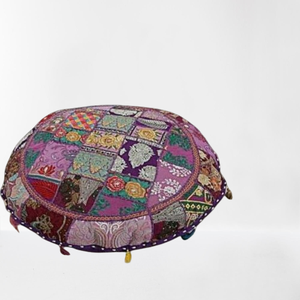 Cojín de algodón natural bohemio para decoración de sofá, Fundas de cojín redondas hechas a mano de retales indios, fundas de almohada decorativas para el suelo - Product Image 1