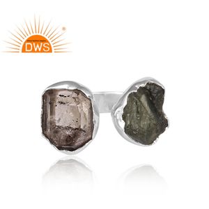 Anillo ajustable de diamante Herkimer y moldavita en bruto natural de plata de ley fina superventas, fabricante de joyería personalizada - Product Image 2