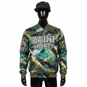 Veste en satin premium avec une brillance douce, couleurs abstraites vert, noir et or, et logo personnalisé en strass, veste en satin pour homme - Product Image 1