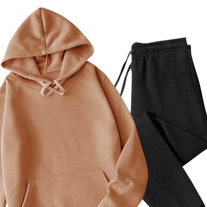 Camel Beige <b>Hoodie</b> With <b>Black</b> Jogger Tracksuit Set Unisex Winter Fleece Two Piece Casual Streetwear Sports Outfit OEM - Product Image 4