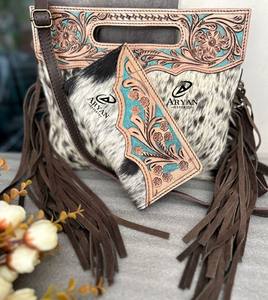 New Western Handcrafted Tooled Hair on Hide Fur Leather Handbag Women's Stylish Shoulder <b>Bag</b> <b>and</b> Wristlet <b>Purse</b> Unique Combo <b>Set</b> - Product Image 1