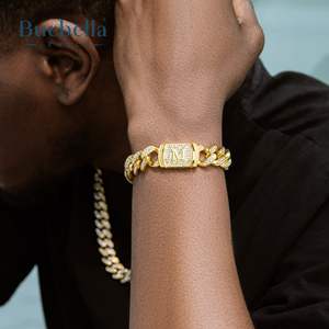 12MM 18K chapado en oro redondo diamante letra inicial Iced Miami pulsera cubana Hip Hop joyería para hombres - Product Image 1
