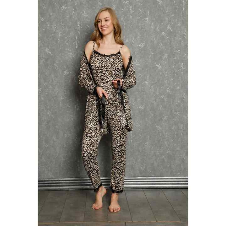 Moda Line Women's 100% Cotton 3-Piece Dressing Gown Pajama Set 16102