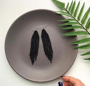 Premium Quality Matte <b>Black</b> <b>Dangle</b> <b>Earrings</b> - Long Beaded Fringe <b>Earrings</b> - Product Image 1