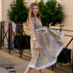 Bohemian Mimosa Dress Hand Block Printed Cotton Dress Yellow <b>White</b> Grey Summer Casual Wear - Product Image 1