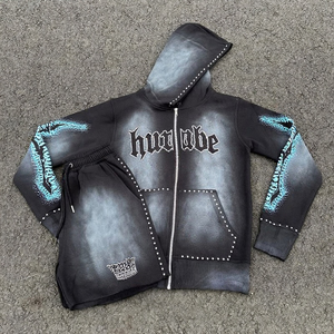 ชุดแทรคสูทผู้ชายทรงหลวมสไตล์สตรีทแวร์ ปักลายคุณภาพสูง ล้างสีแบบแอซิดวอช ประดับคริสตัลสะท้อนแสง สำหรับฤดูร้อน - Product Image 1