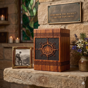 Handmade Wooden Cremation Urn Compass Mountain Carving <b>Memorial</b> <b>Keepsake</b> Tabletop Ash Container Home Decor - Product Image 3