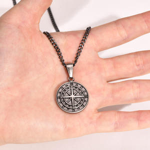 Hip-hop Style Travel <b>Navigation</b> <b>Compass</b> Coin Charm Pendant Necklace Stainless Steel Jewellery Accessories Men - Product Image 2