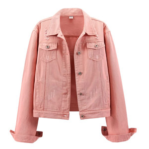 Meilleure vente veste jeans vintage pour femmes paquet de boutons déchirés par taches vestes en jean en coton rose pour femmes - Product Image 1